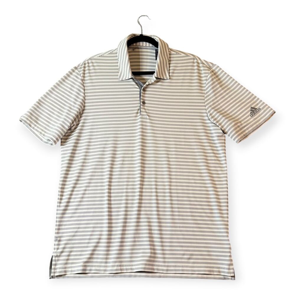 Adidas Polo Golf Shirt, White with Gray Stripes, Men's Medium